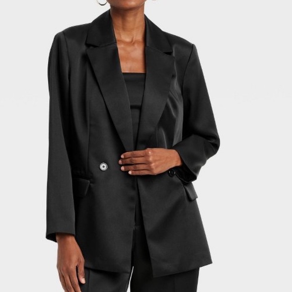 Black satin blazer - oversized relaxed fit collared & button front detail - Picture 6 of 11